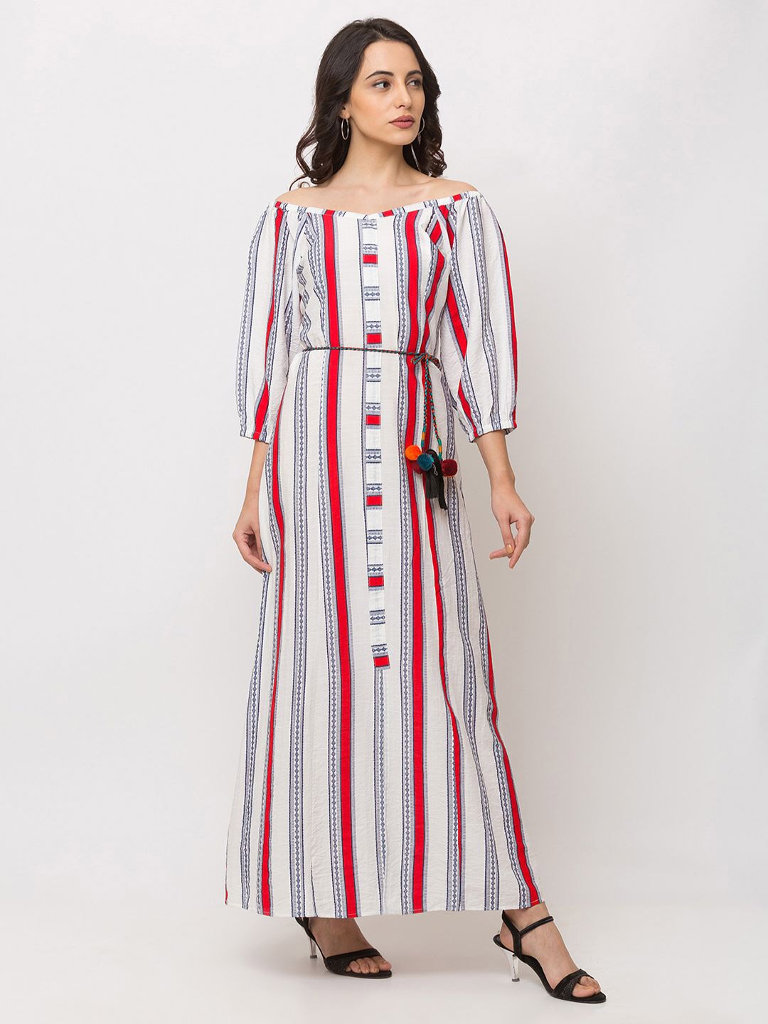 

SHECZZAR Women Striped Off-Shoulder Maxi Dress, White