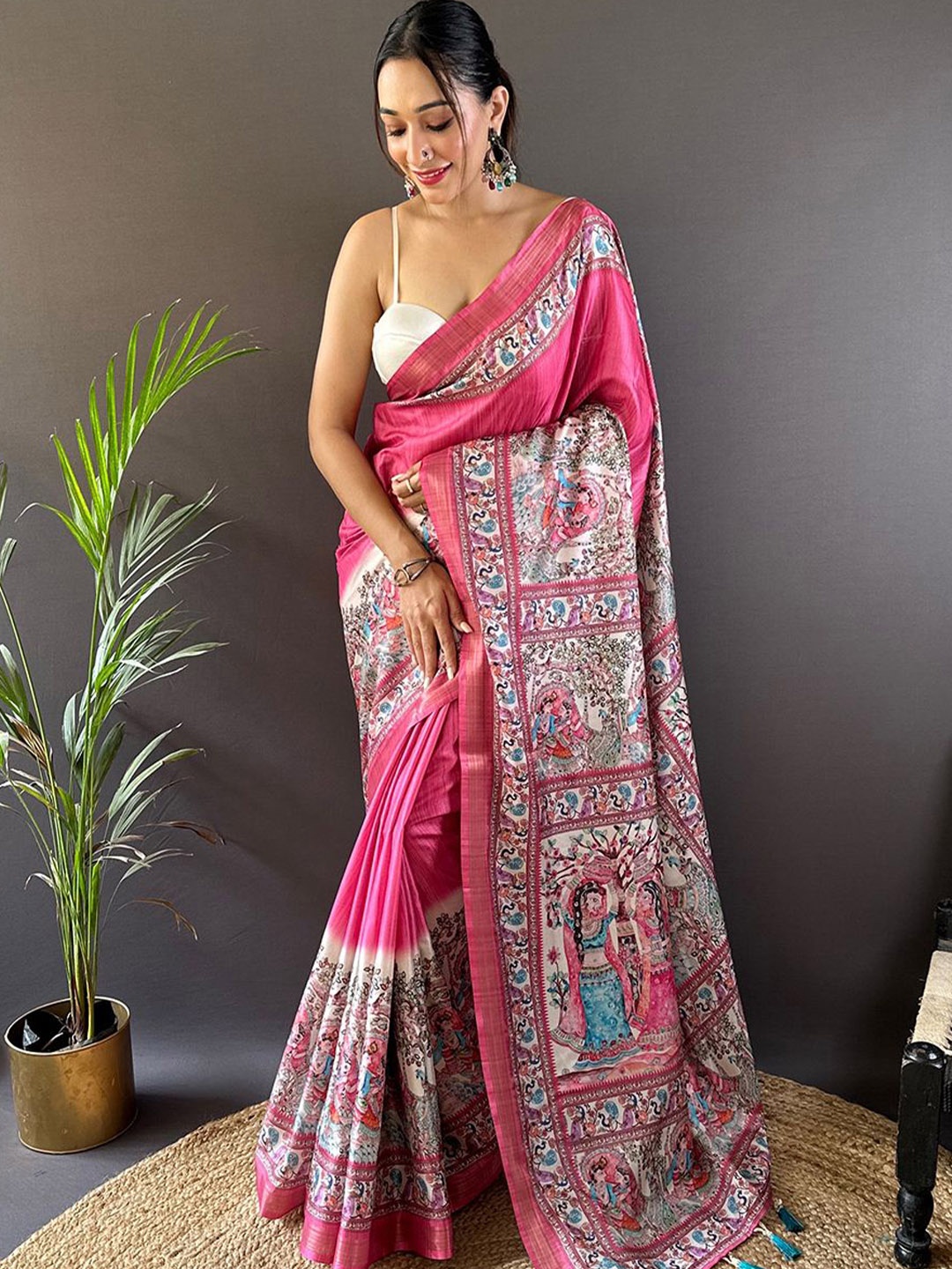 

SGF11 Kalamkari Printed Woven Design Zari Pure Silk Kanjeevaram Saree, Pink