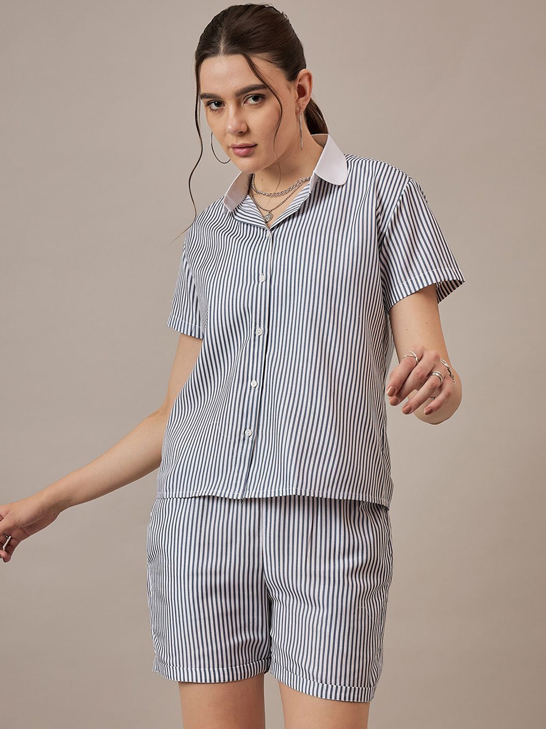 

The Roadster Lifestyle Co Women Striped Shirt With Shorts Co-Ord Sets, Blue