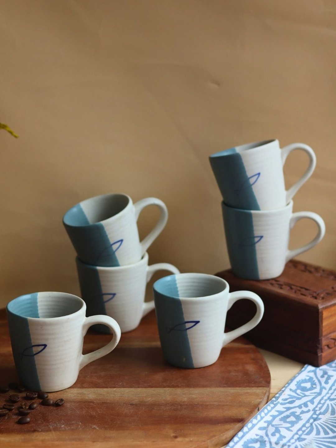 

WEAVING HOMES Blue 6 Pieces Printed Ceramic Glossy Cups 200 ml
