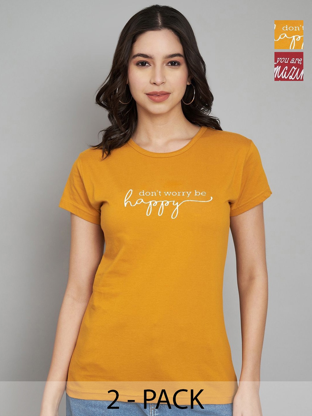 

Trend Level Women Pack Of 2 Typography Printed Round Neck Cotton T-shirts, Maroon