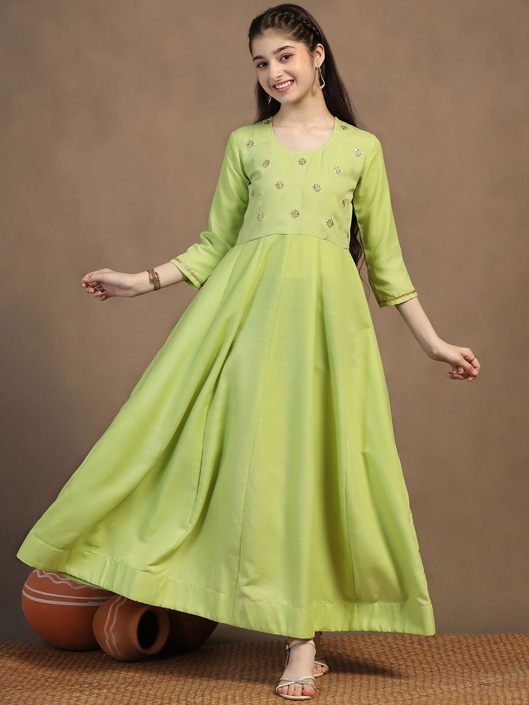 

BAESD Girls Embroidered Ankle Length Anarkali Cotton Dress, Green