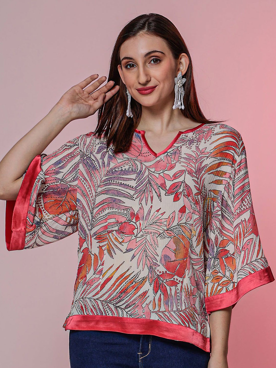 

DEBONATELLA Women Tropical Printed Round Neck Top, Beige