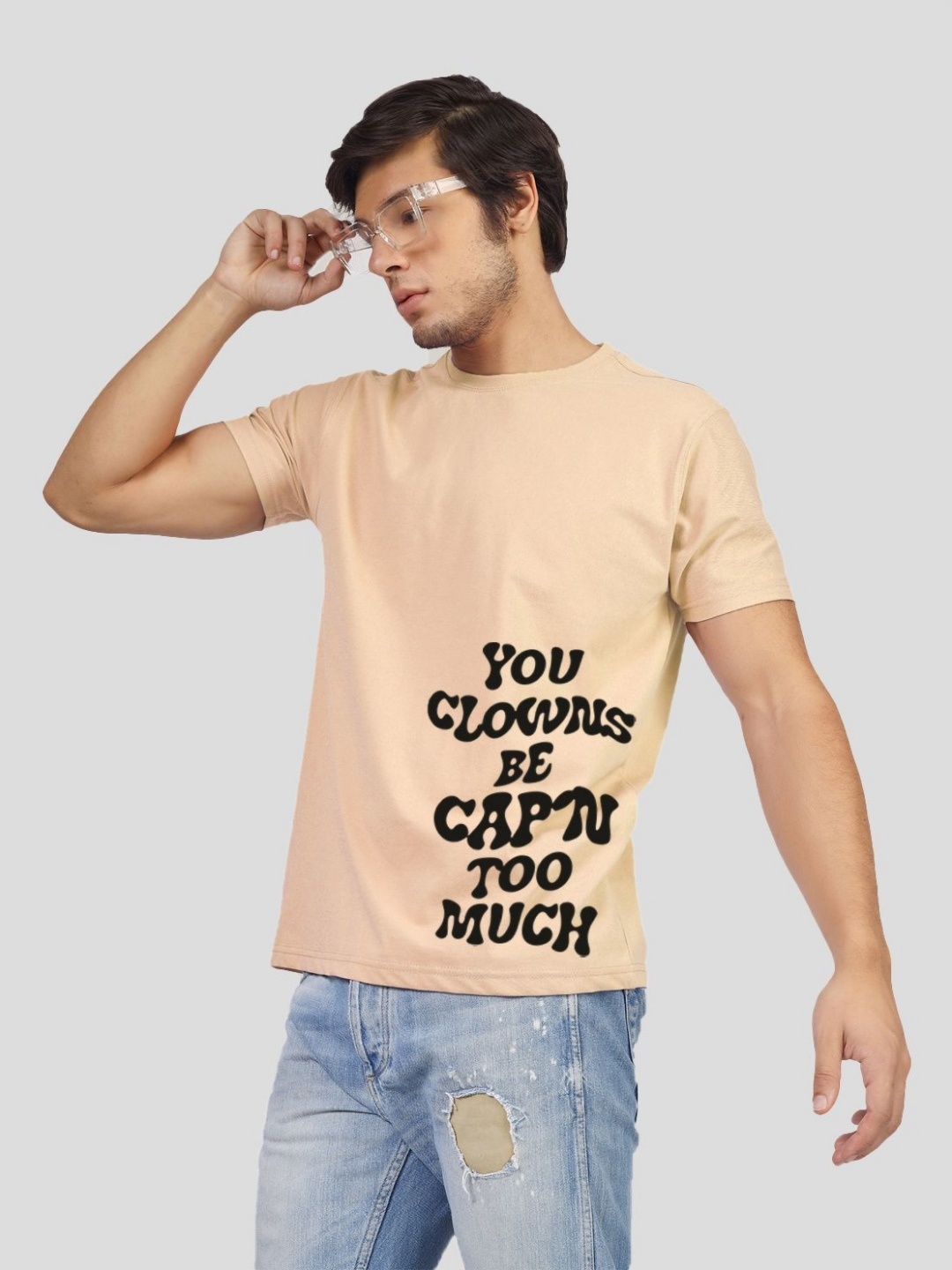 

Greylongg Men Typography Printed Round Neck Cotton T-shirt, Beige