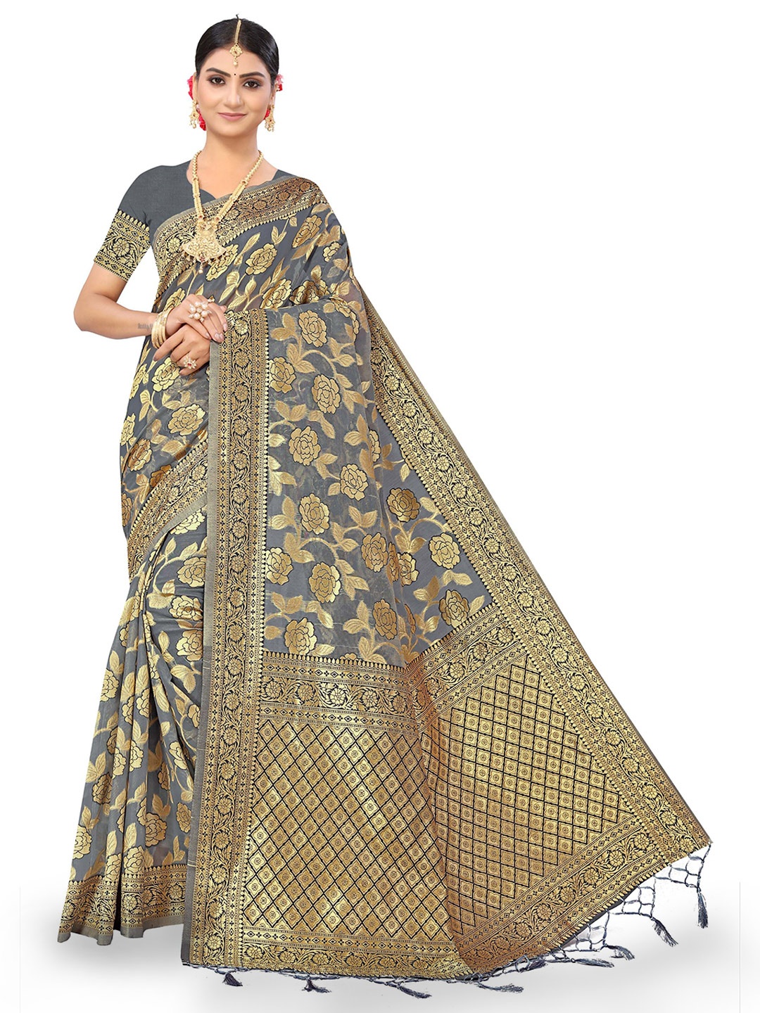 

Maroosh Woven Design Zari Saree, Grey