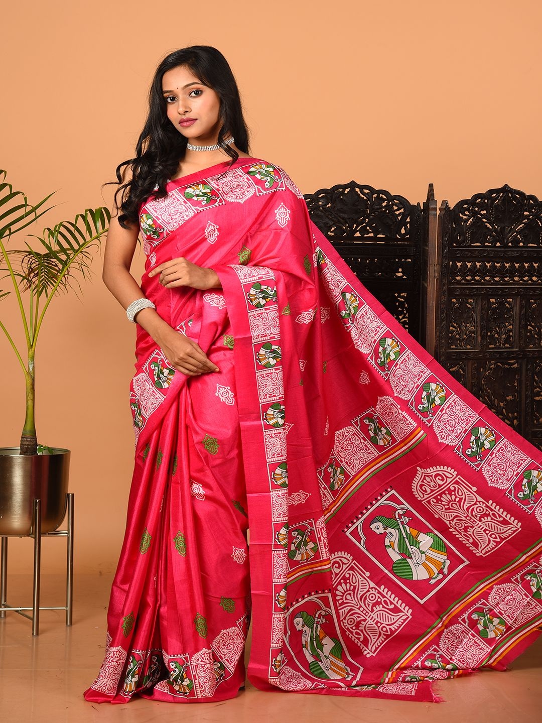 

Laa Calcutta Ethnic Motifs Printed Pure Silk Saree, Pink