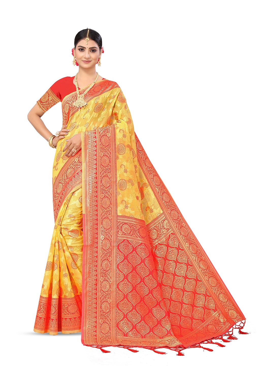 

Maroosh Woven Design Zari Saree, Yellow