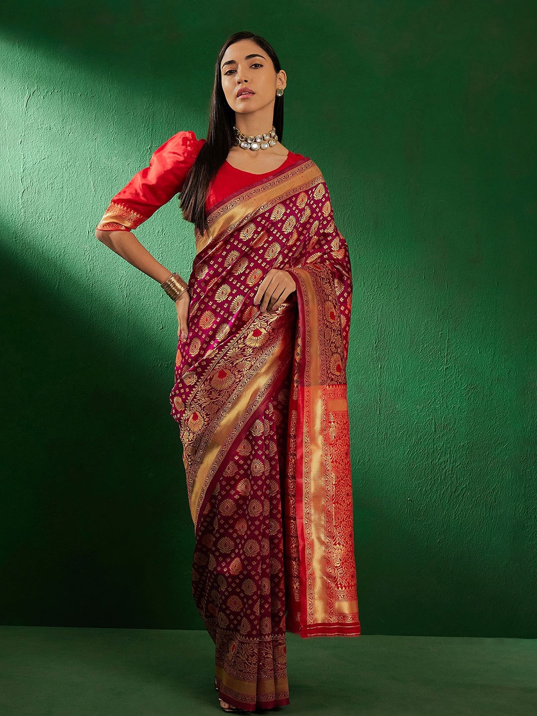 

Maroosh Woven Design Zari Banarasi Saree, Burgundy
