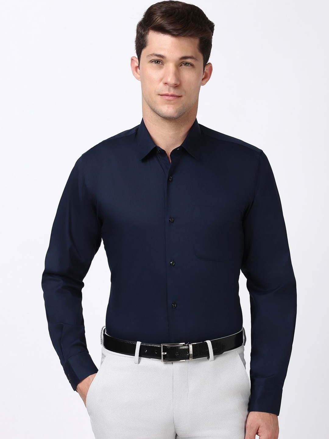 

Peter England Men Spread Collar Solid Cotton Formal Shirt, Navy blue