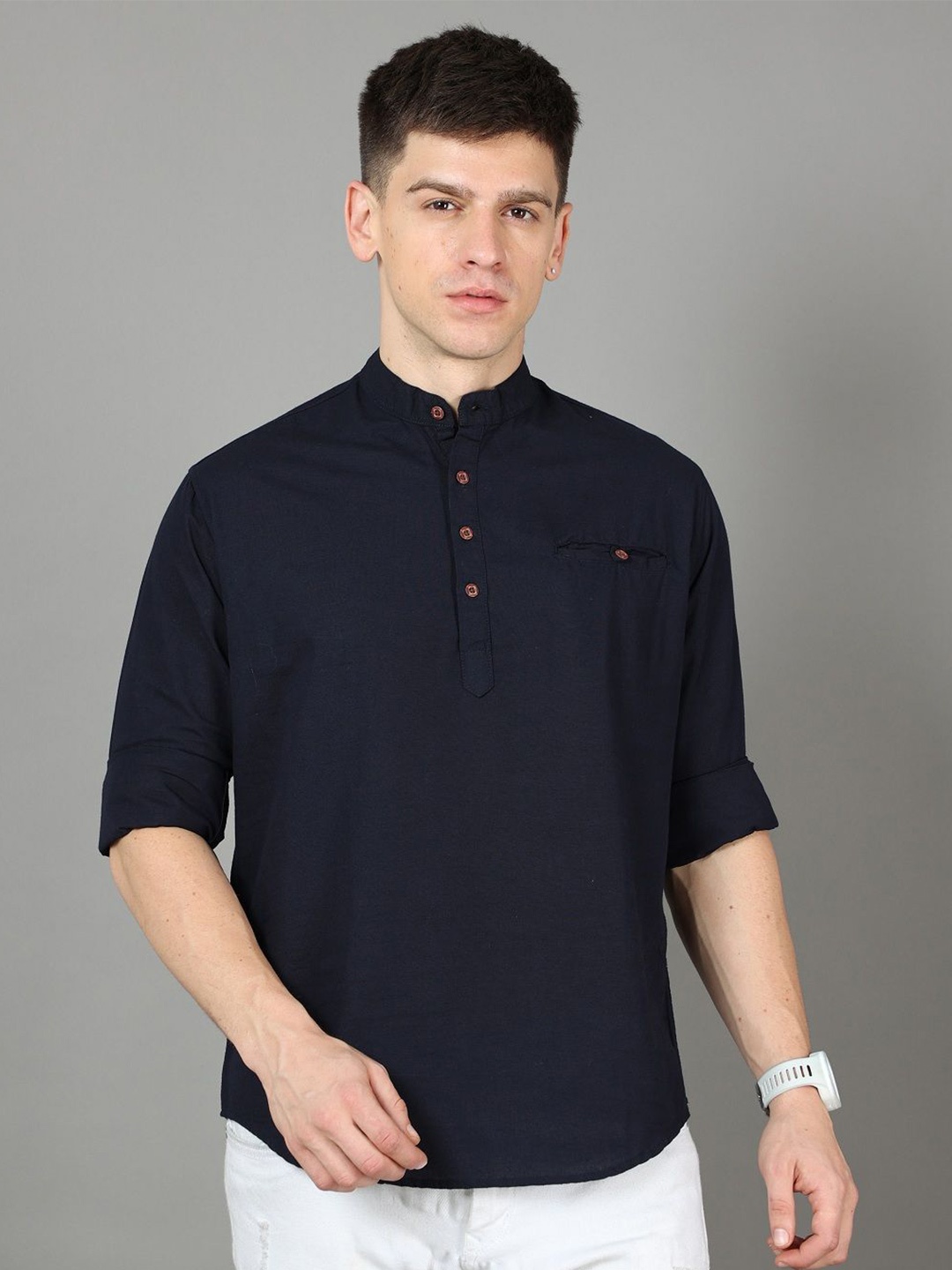 

Rope Men Classic Band Collar Solid Cotton Casual Shirt, Navy blue