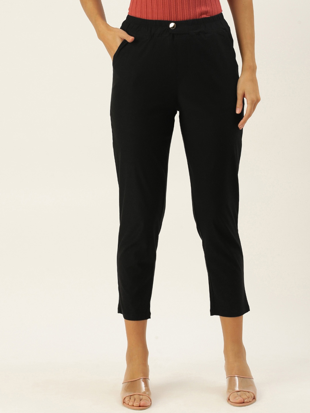

SHECZZAR Women Super Slim Fit Three-Fourth Length Trousers, Black