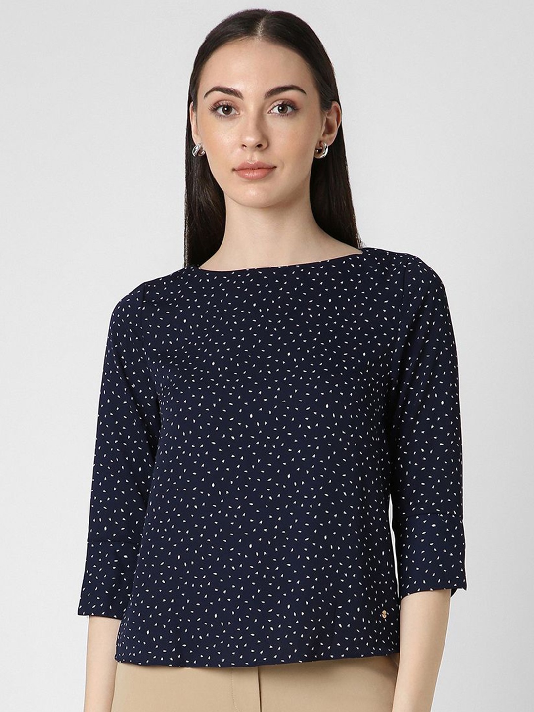 

Van Heusen Woman Micro Ditsy Printed Boat Neck Top, Navy blue