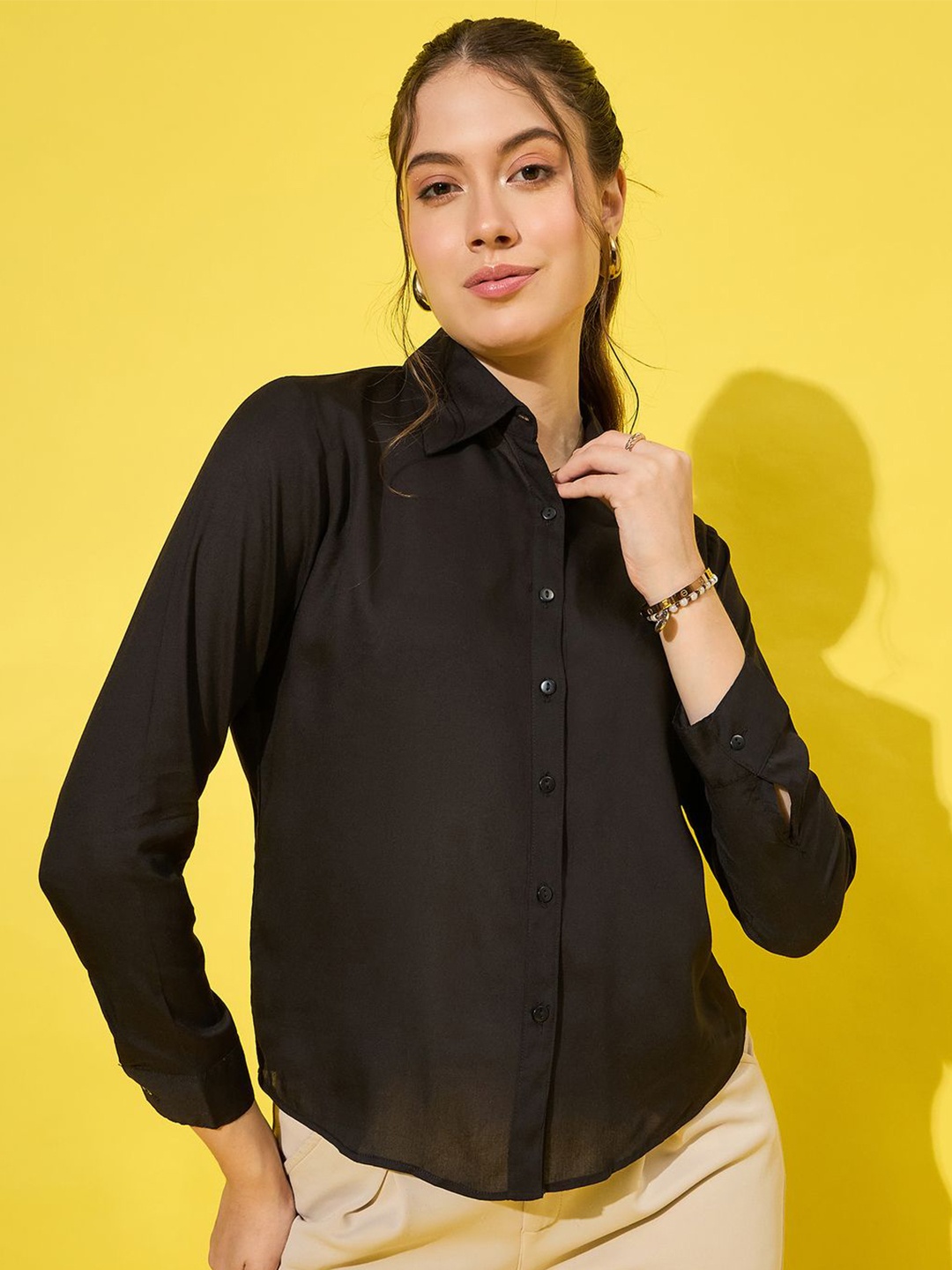 

BUY NEW TREND Women Standard Spread Collar Solid Formal Shirt, Black