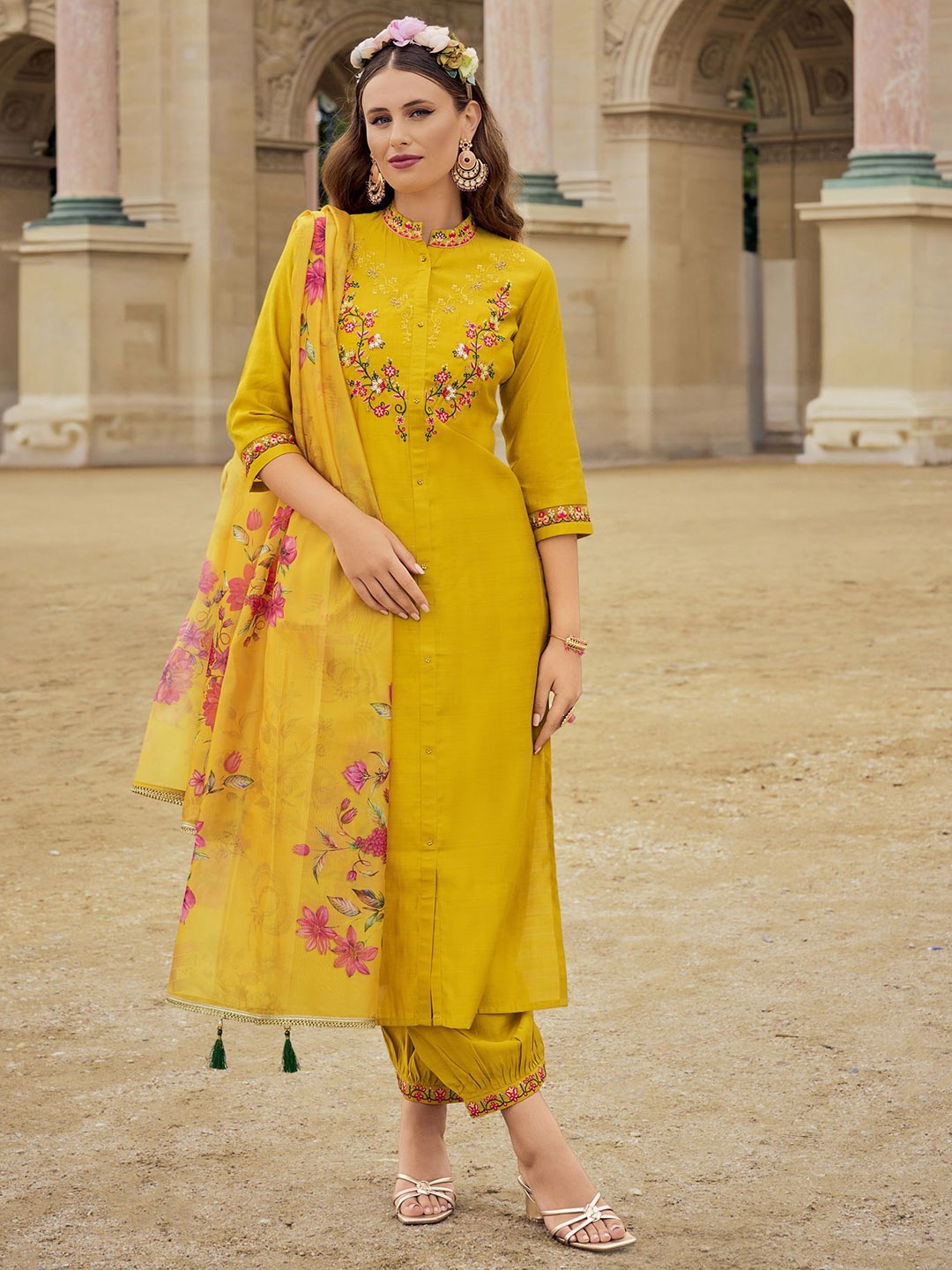 

MOJILAA Women Floral Embroidered Beads and Stones Kurta with Salwar & With Dupatta, Mustard