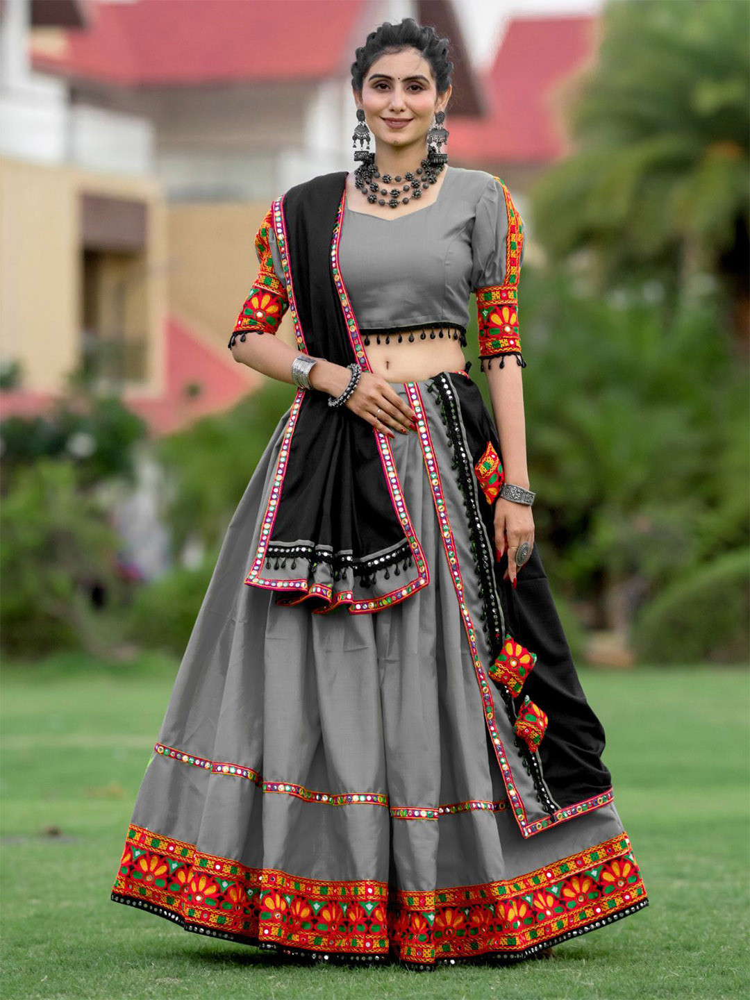 

ODETTE Mirror Work Cotton Ready to Wear Lehenga & Unstitched Blouse With Dupatta, Grey