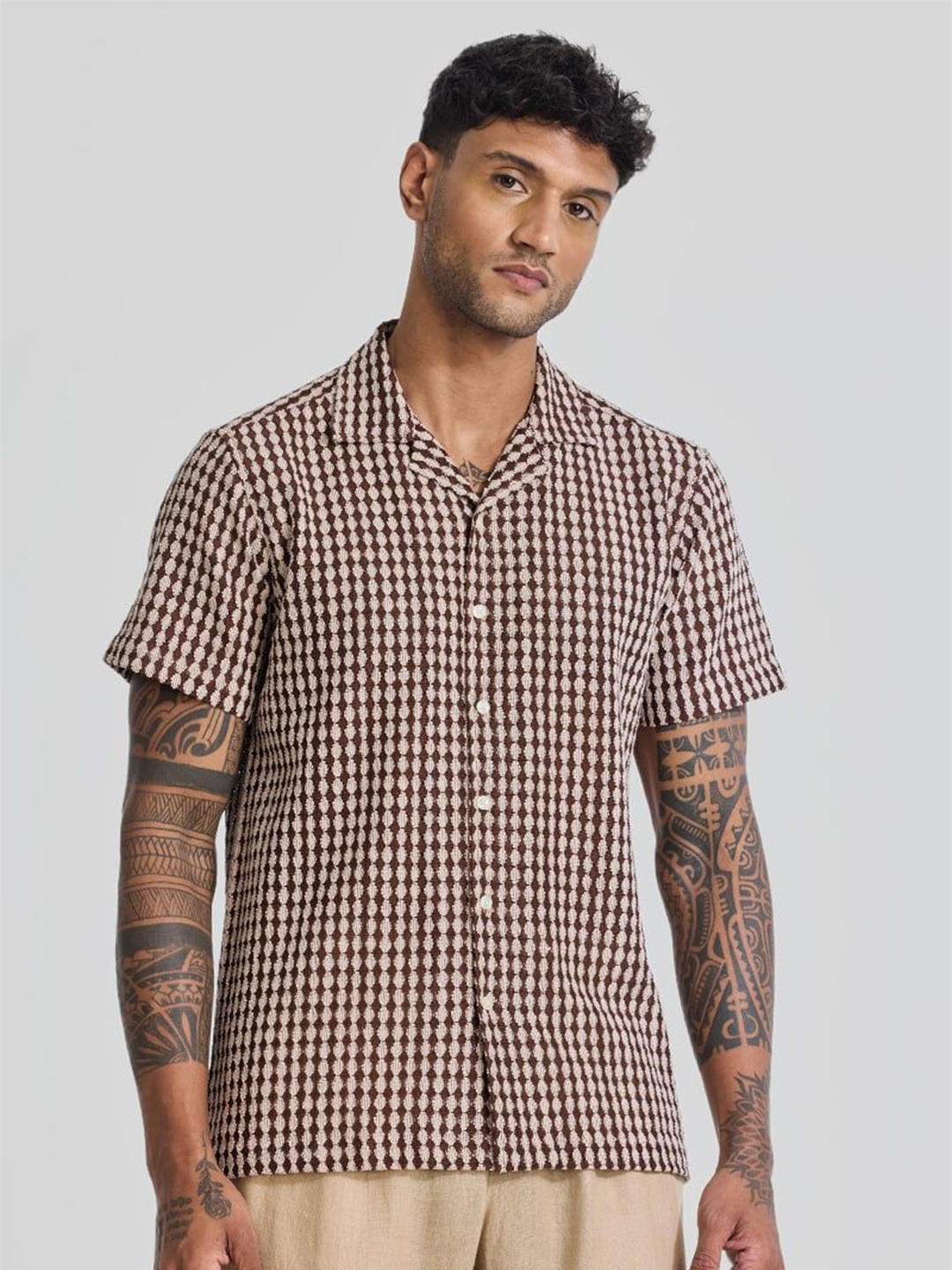 

Snitch Men Smart Cuban Collar Geometric Printed Cotton Casual Shirt, Brown