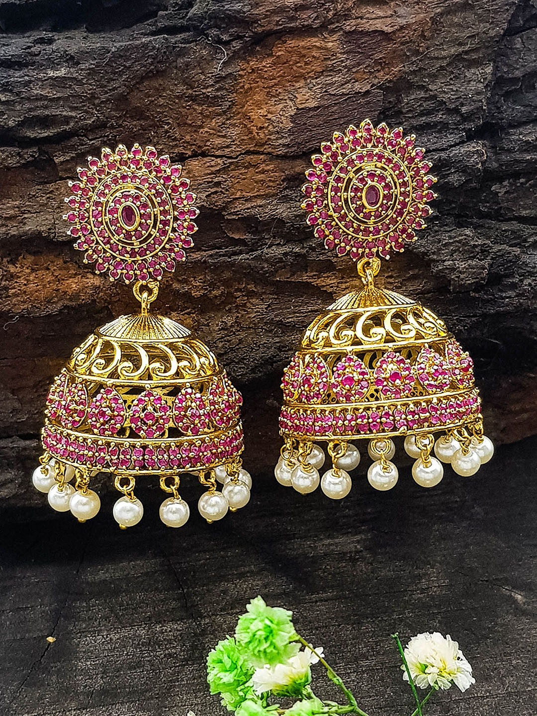 

GRIIHAM Gold-Plated Cubic Zirconia Studded Dome Shaped Jhumkas