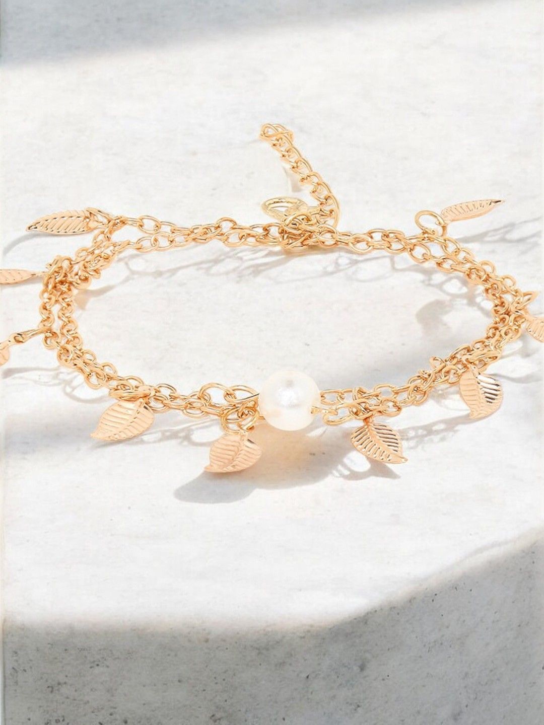 

fabula Gold-Plated Leaf & Beaded Layered Single Anklet