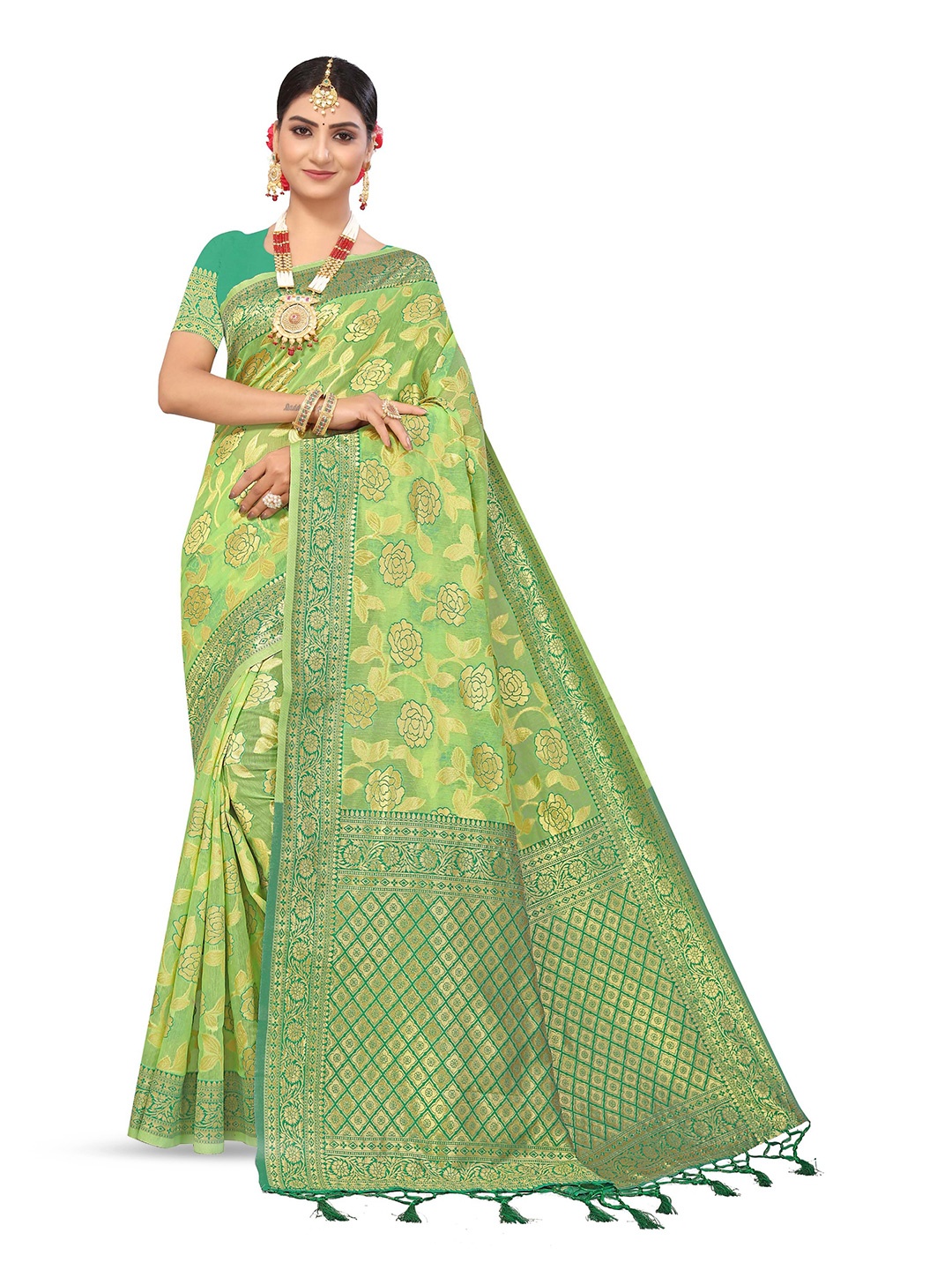 

Maroosh Woven Design Zari Saree, Lime green