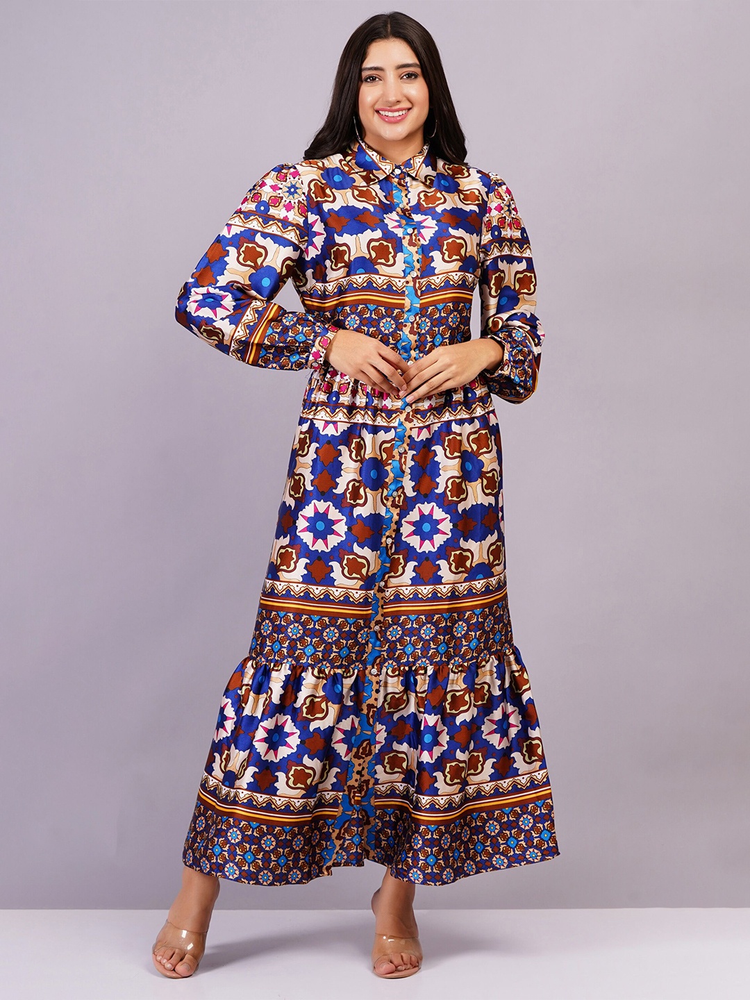 

MINGLAY Women Abstract Print Full Sleeve Fit & Flare Maxi Dress, Blue