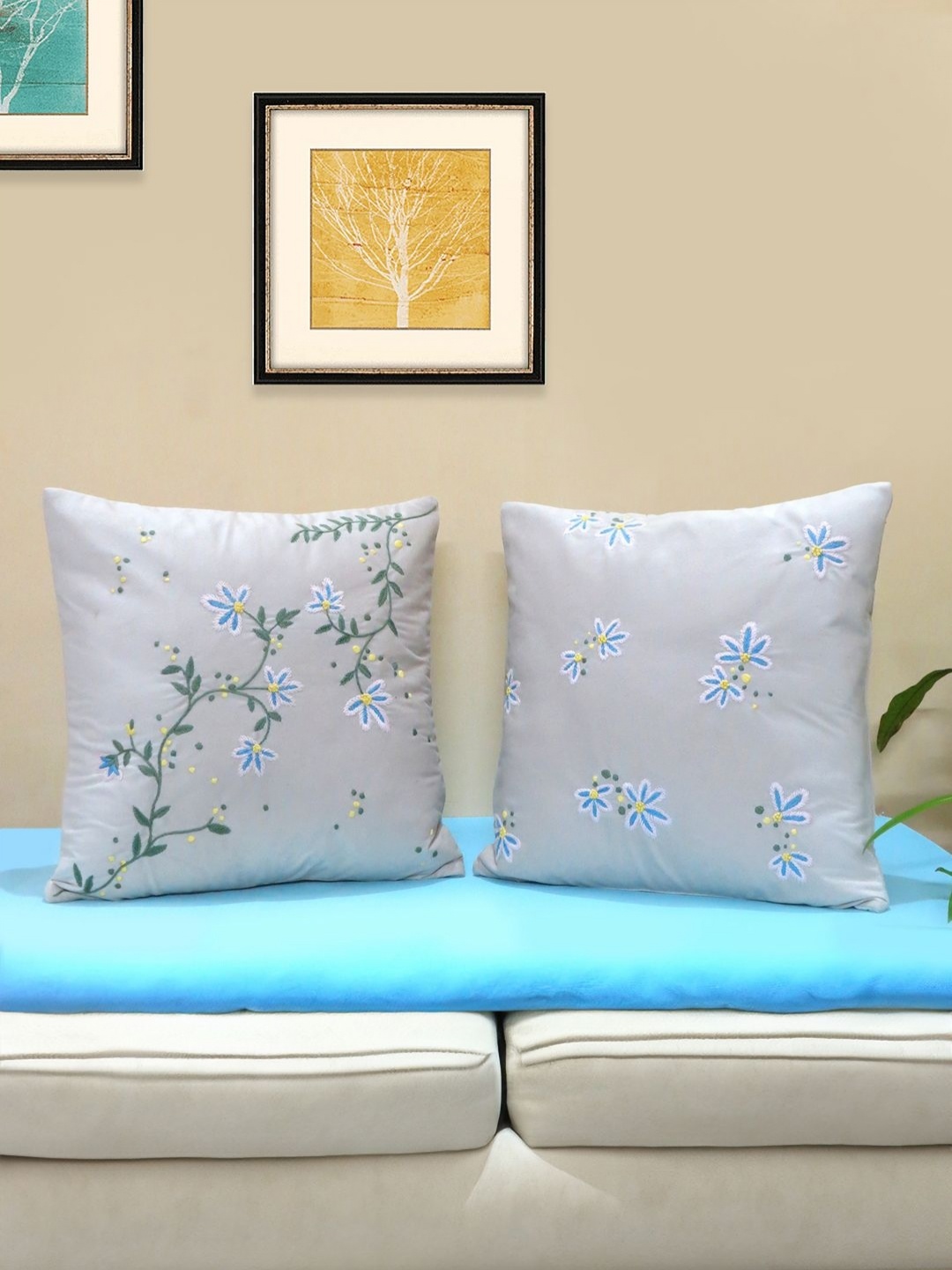 

Mid July Home Off White & Blue 2 Pieces Floral Velvet Square Cushion Covers