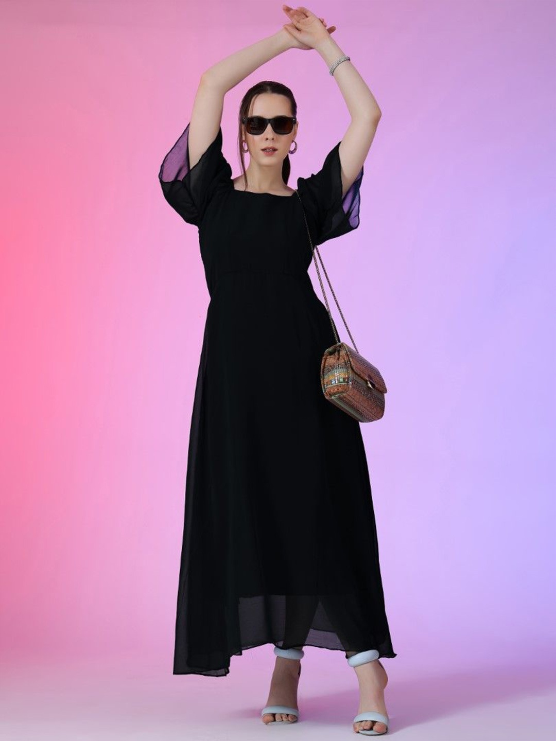 

Femvy Georgette Solid Square Neck Flared Sleeves Maxi Dress, Black