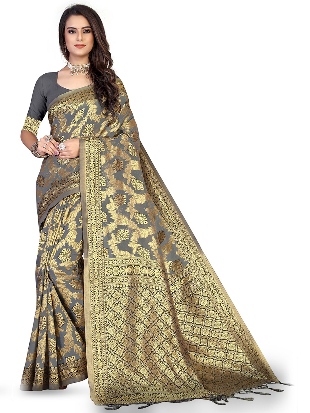 

Maroosh Woven Design Zari Saree, Grey