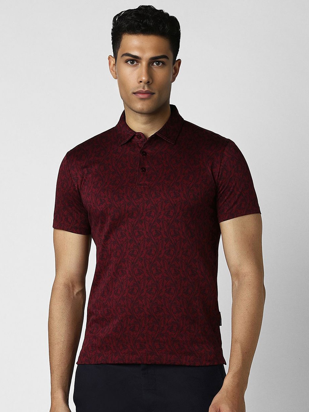 

V Dot Men Floral Printed Polo Collar Cotton Slim Fit T-shirt, Maroon