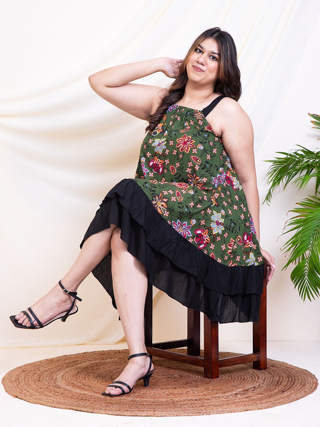 

DEEBACO Floral Print Halter Neck A-Line Dress, Green