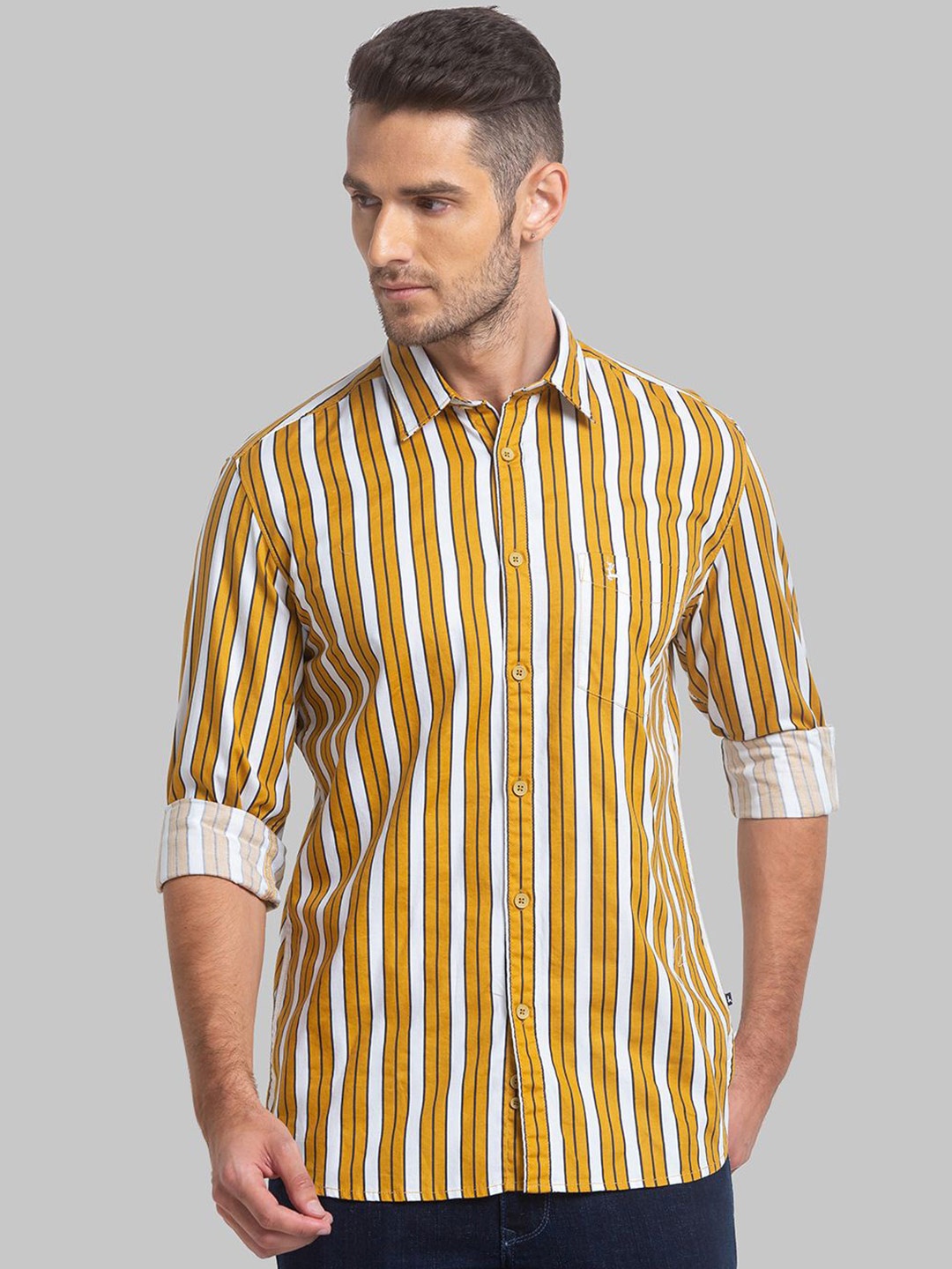 

Parx Men Cutaway Collar Vertical Striped Cotton Slim Fit Casual Shirt, Yellow