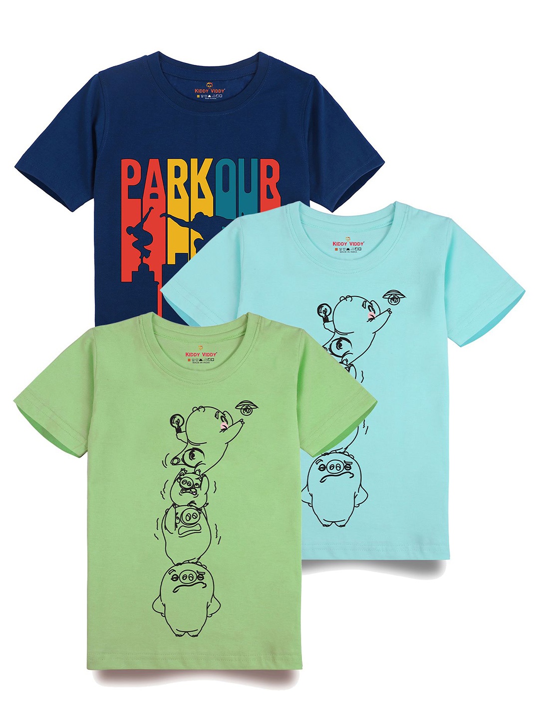 

AUSK Boys Pack Of 3 Graphic Printed Round Neck Cotton T-shirts, Lime green