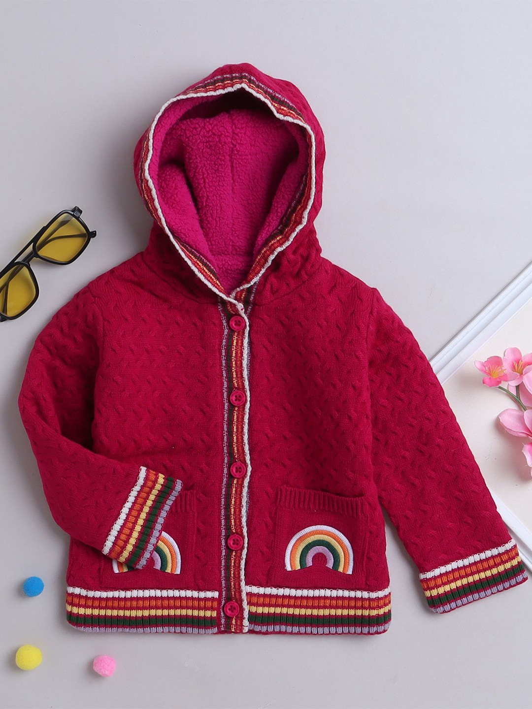 

Yellow Apple Girls Self Design Front-Open Hooded Woollen Sweater, Fuchsia