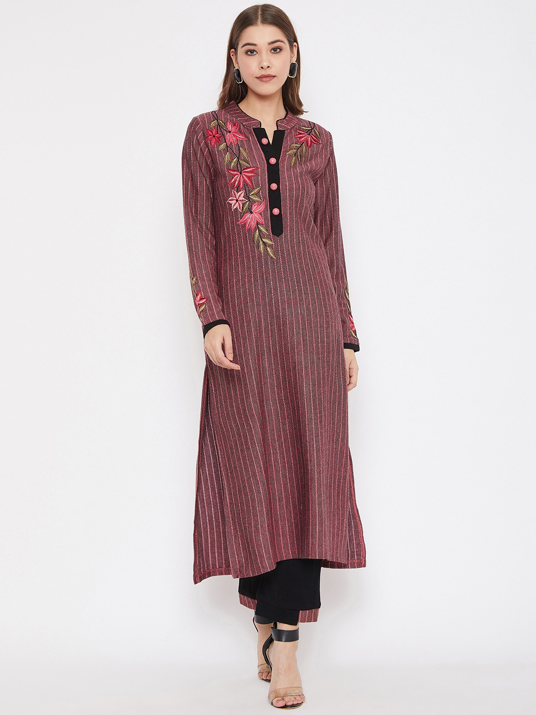 

Zigo Winter Wear Ethnic Motifs Embroidered Regular Thread Work Pure Wool A-Line Kurta with Palazzos, Pink