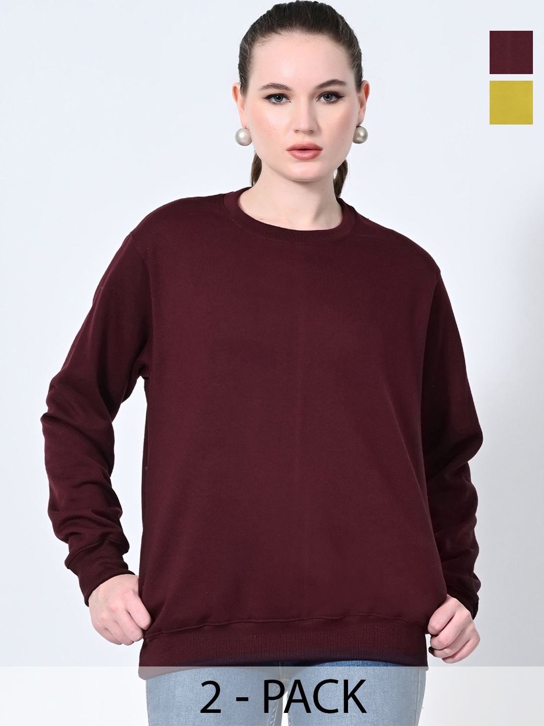 

BAESD Women Pack Of 2 Solid Round Neck Fleece Pullover Sweatshirts, Maroon