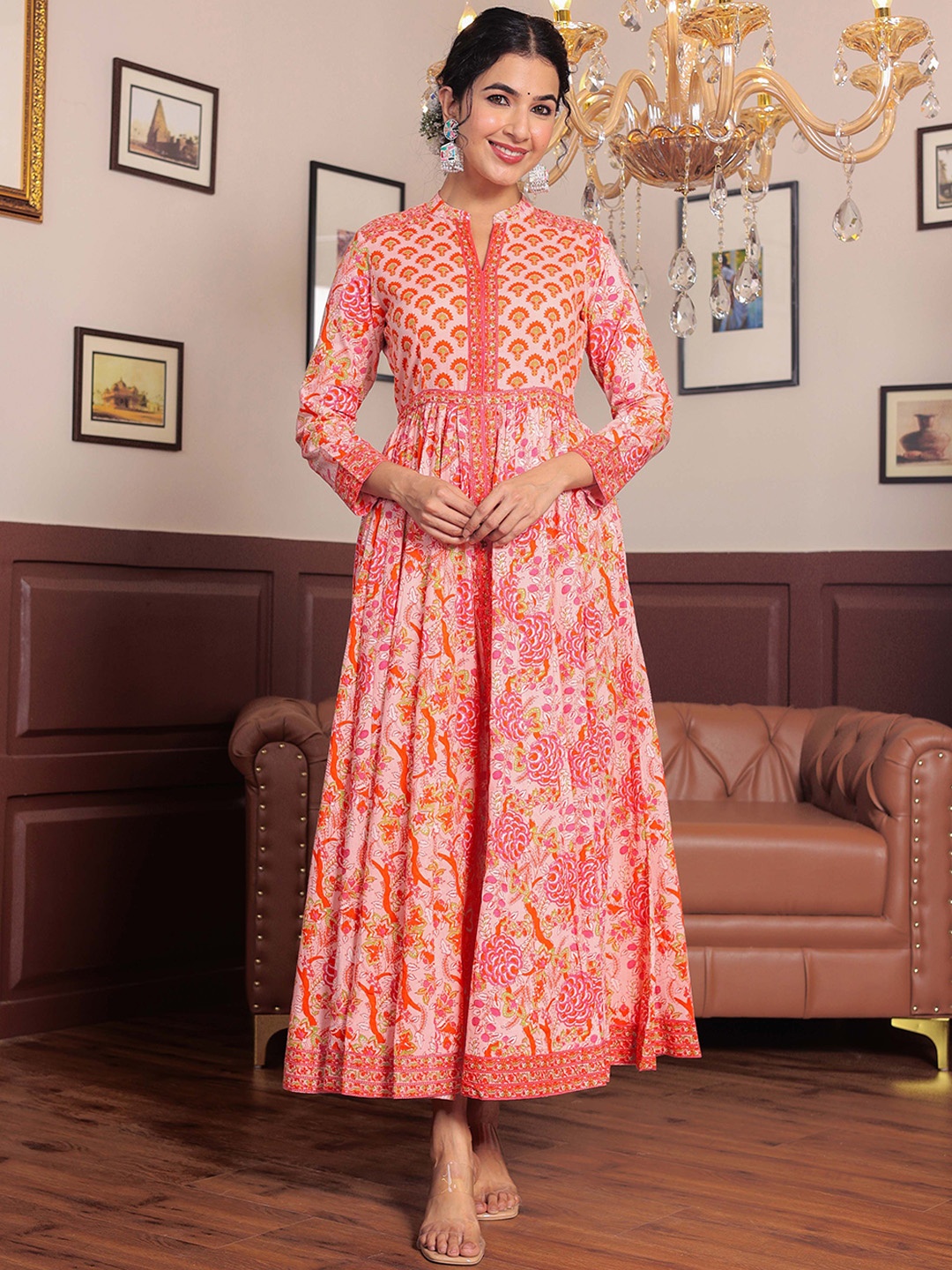 

GULAB CHAND TRENDS Printed Cotton Anarkali Ethnic Dresses, Pink