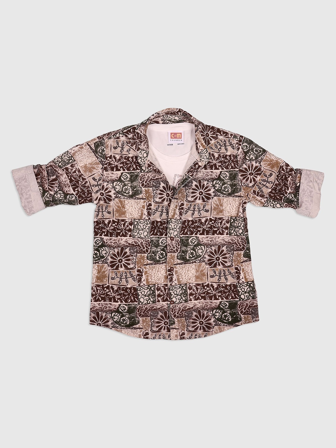 

CHUNMUN Boys Spread Collar Abstract Printed Cotton Casual Shirt, Beige