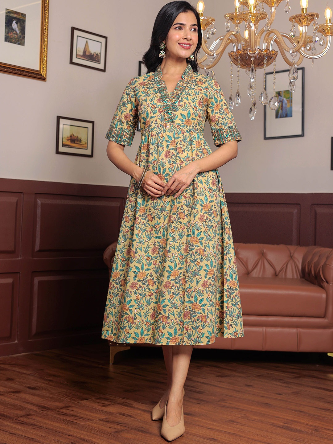 

GULAB CHAND TRENDS Printed A-Line Maxi Ethnic Dresses, Yellow