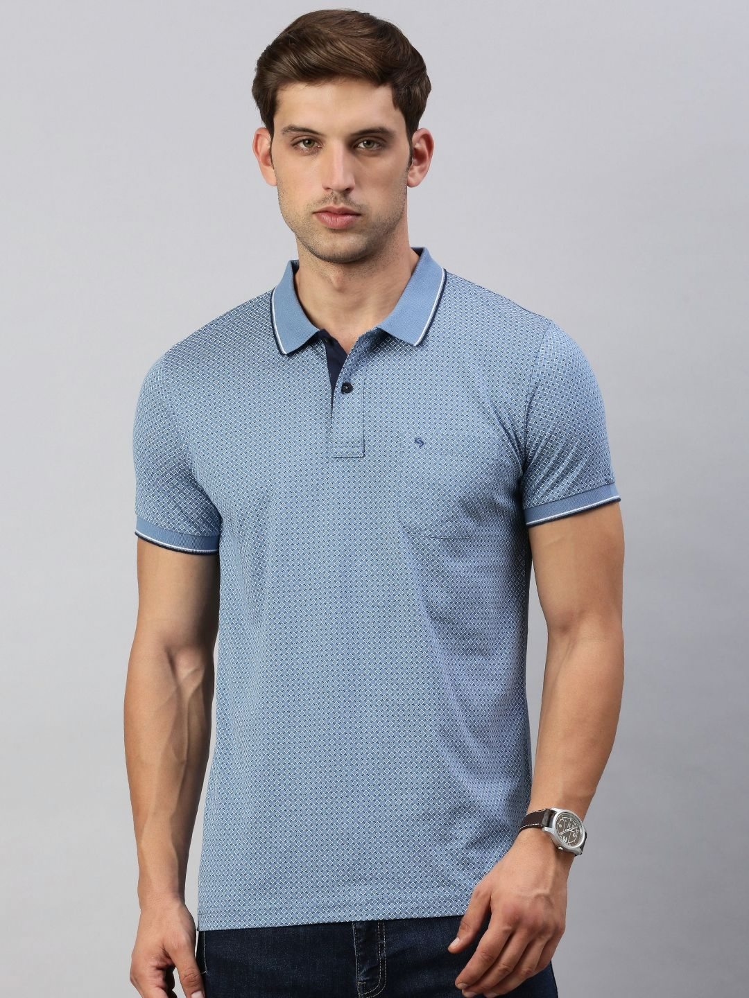 

Classic Polo Men Micro Ditsy Printed Polo Collar Cotton T-shirt, Blue