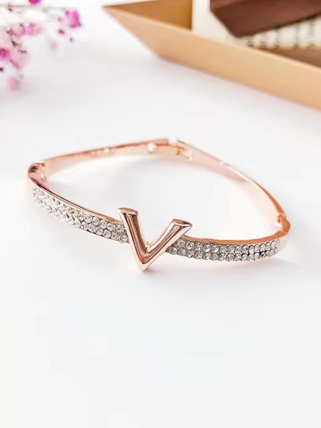 

WATCHSTAR Rose Gold-Plated Stone Studded Bangle-Style Bracelet