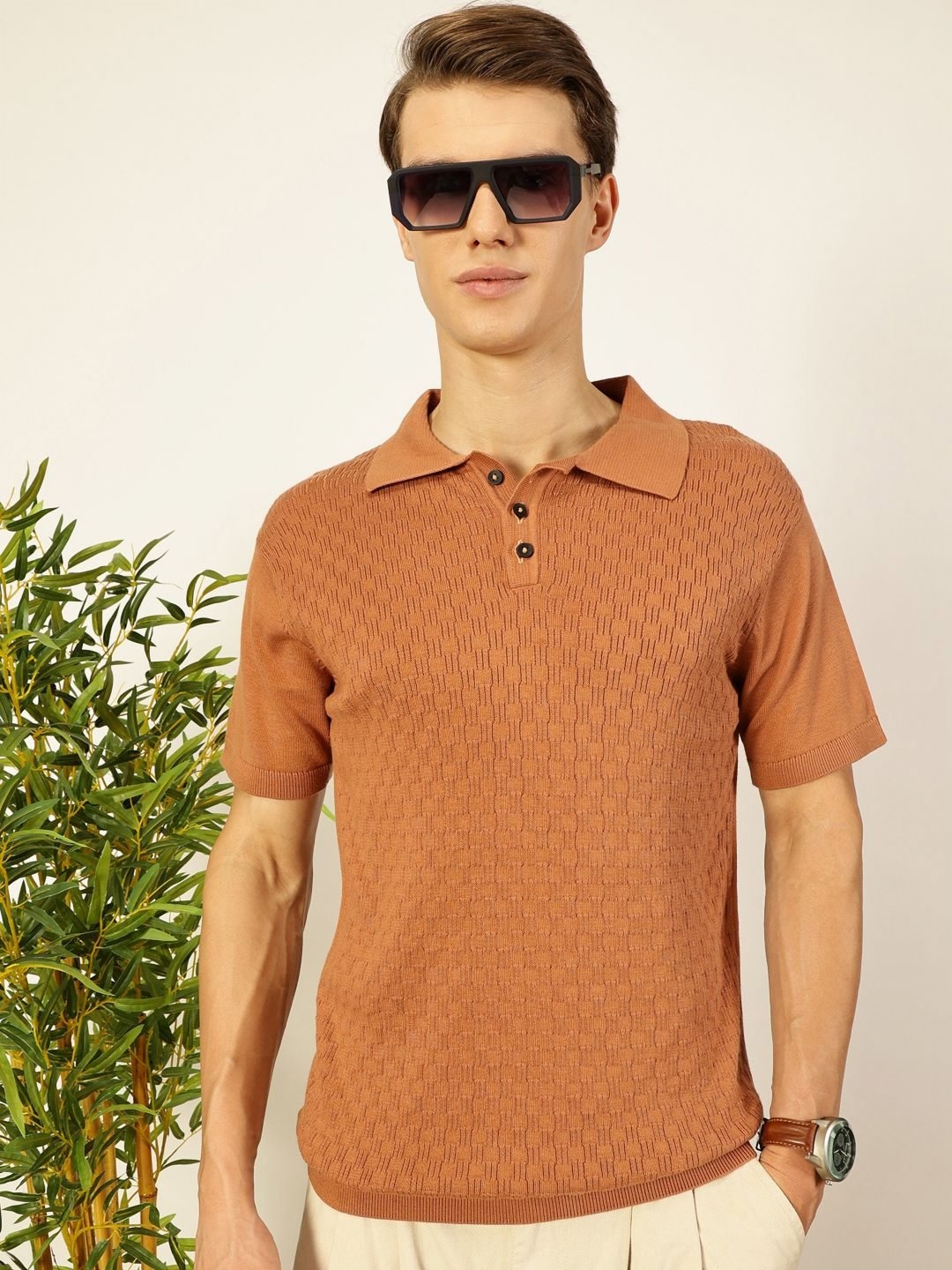 

Thomas Scott Men Bio Finish Self Design Polo Collar Cotton T-shirt, Brown