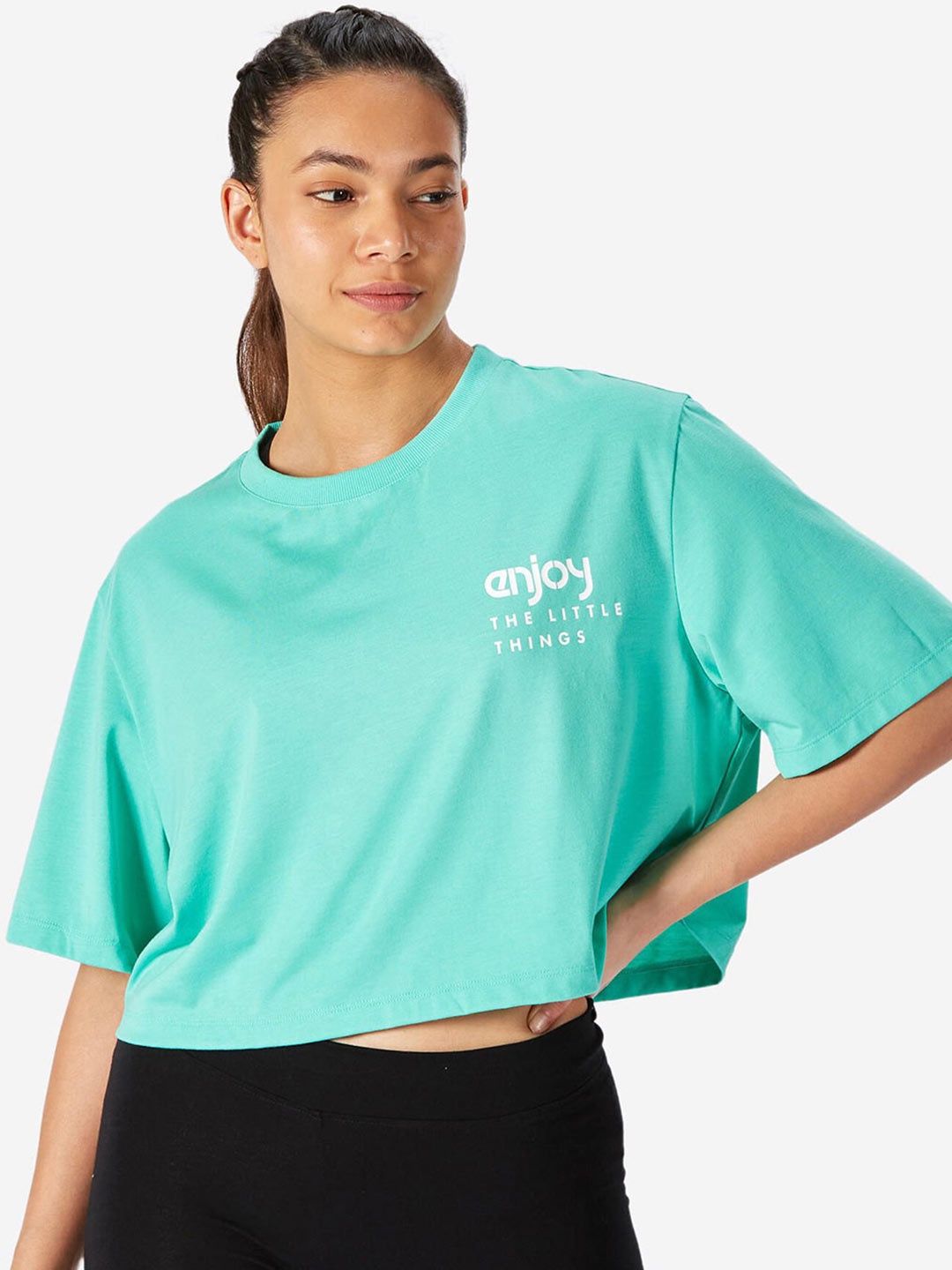 

Domyos By Decathlon Women Typography Printed Round Neck Boxy T-shirt, Sea green