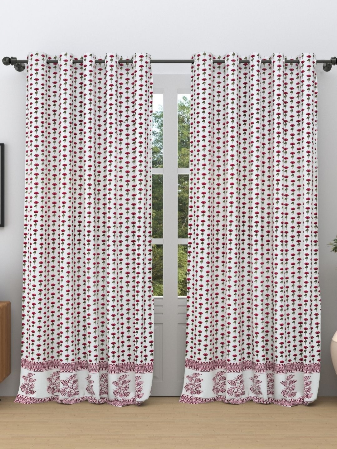 

The Craft Monk White & Pink 2 Pieces Floral Printed Pure Cotton Door Curtains