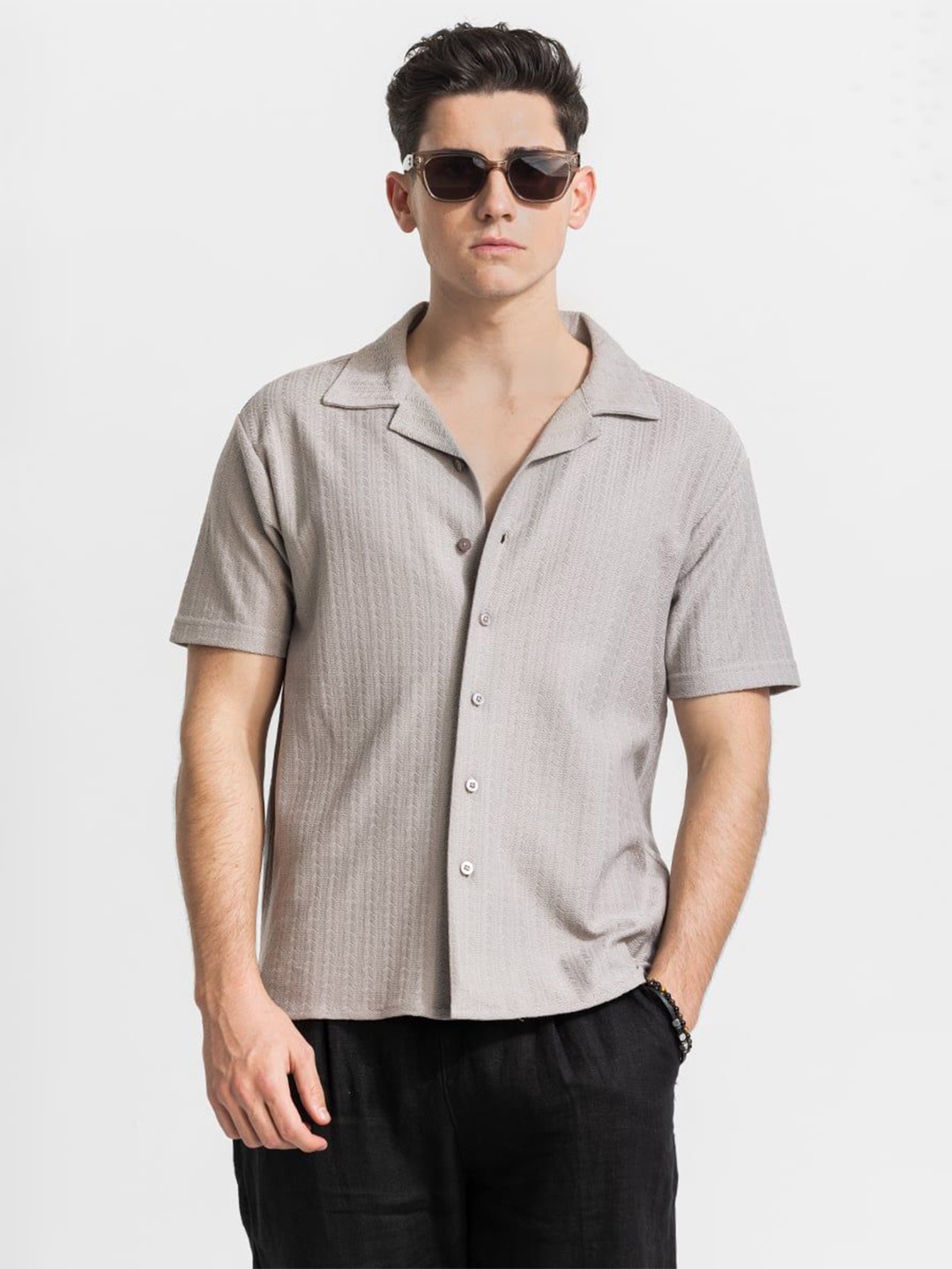 

Snitch Men Relaxed Cuban Collar Textured Cotton Casual Shirt, Beige