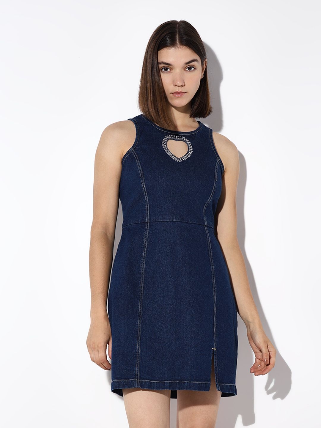 

ONLY Round Neck Solid Denim Sheath Mini Dress, Blue