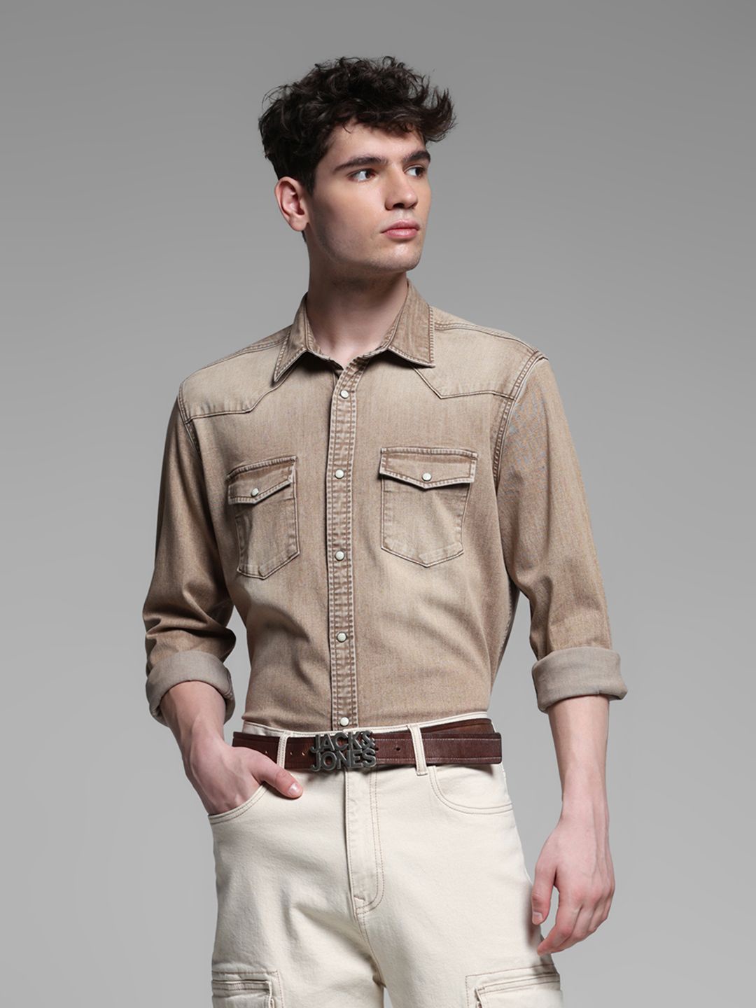 

Jack & Jones Men Spread Collar Faded Cotton Casual Shirt, Beige