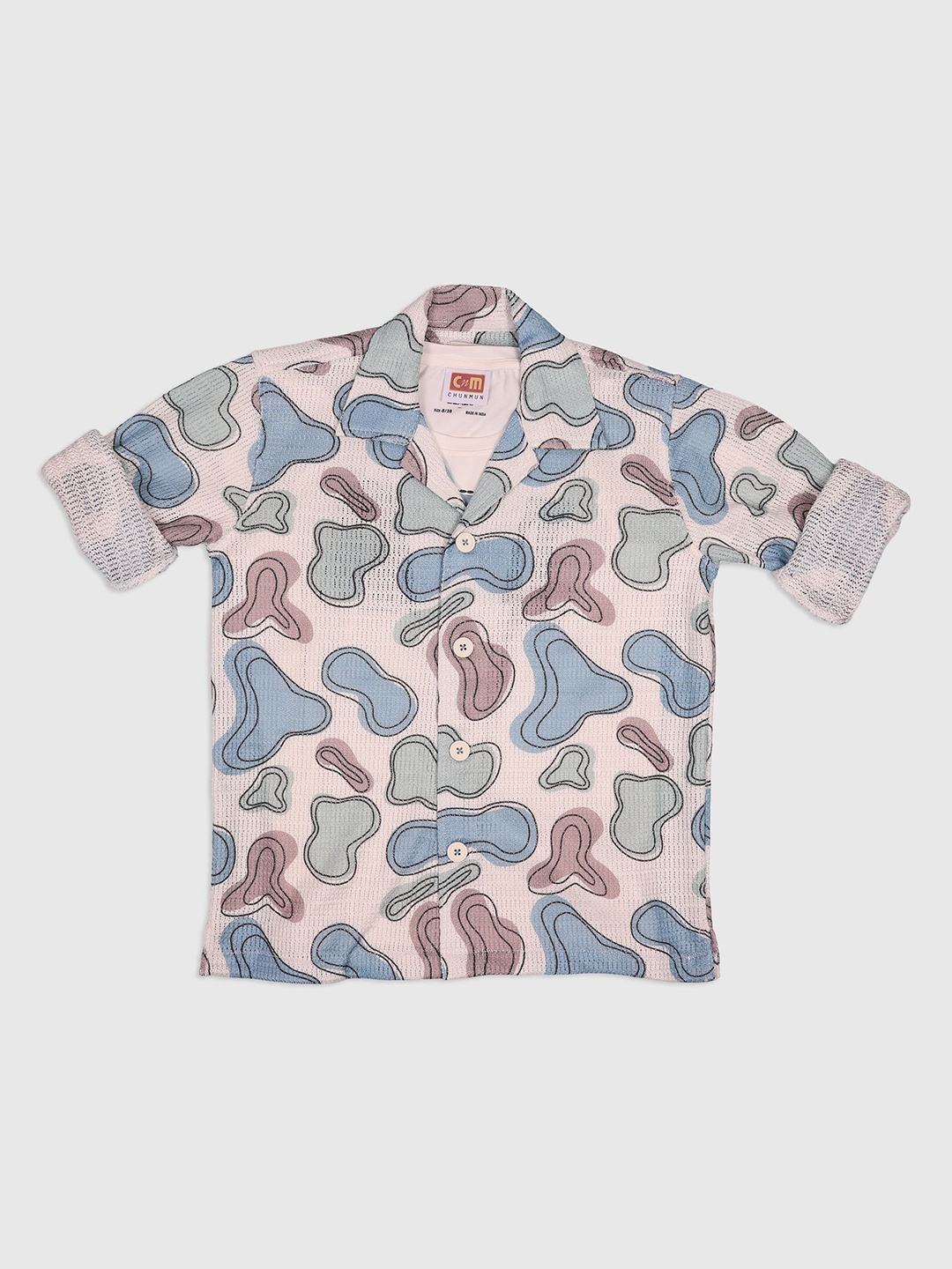 

CHUNMUN Boys Cuban Collar Conversational Printed Cotton Casual Shirt, Cream