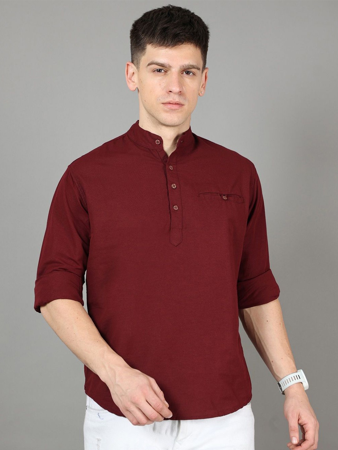 

Rope Men Classic Band Collar Solid Cotton Casual Shirt, Maroon