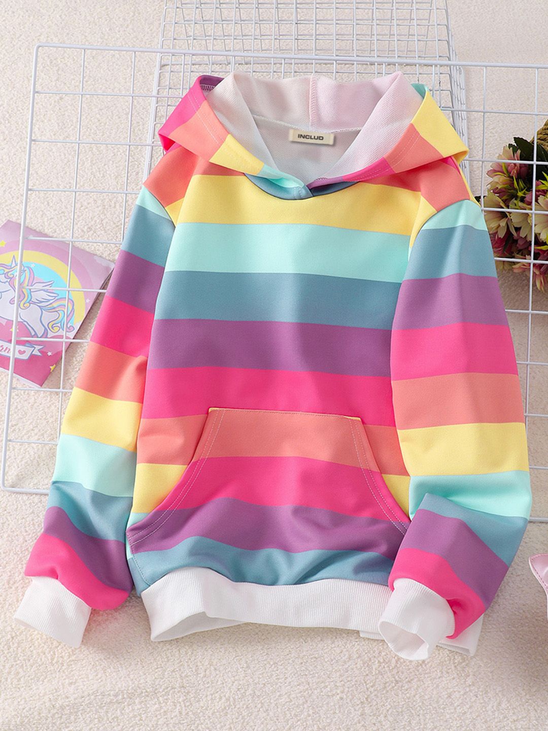 

INCLUD Girls Striped Hood Cotton Pullover Sweatshirt, Pink