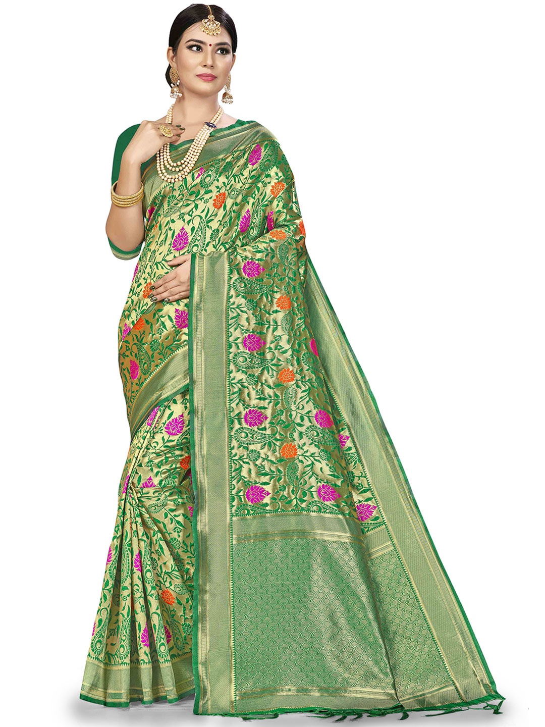 

Maroosh Woven Design Zari Banarasi Saree, Green