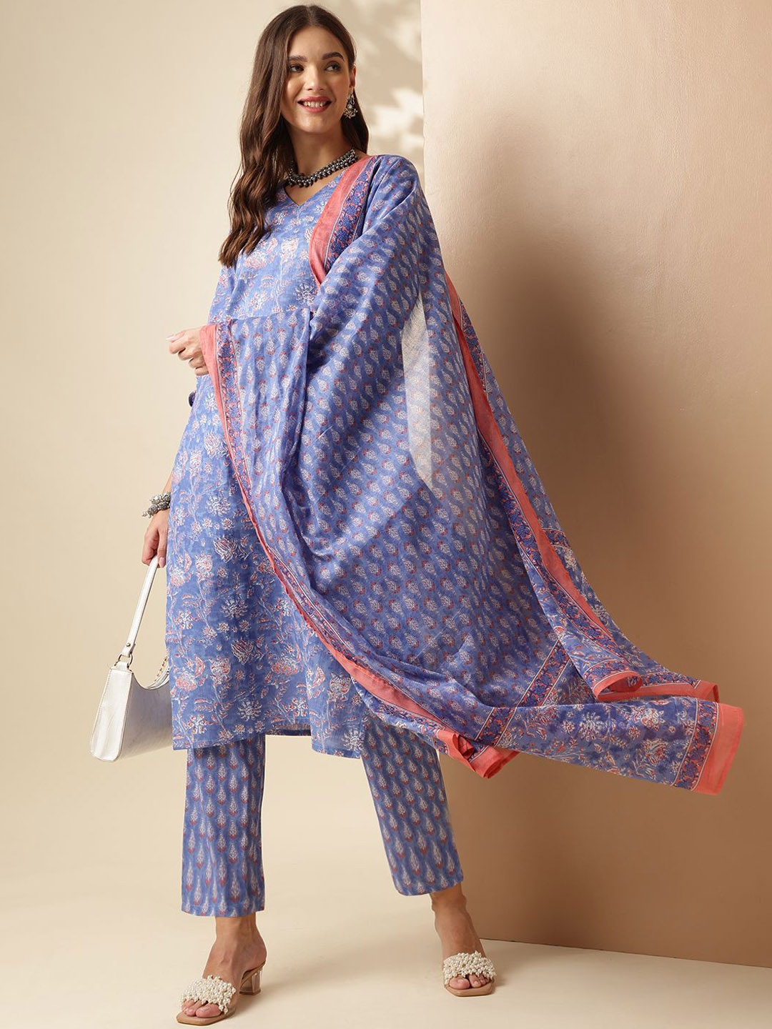

Anouk Blue and Rust Floral Printed Pure Cotton Straight Kurta with Trouser & Dupatta